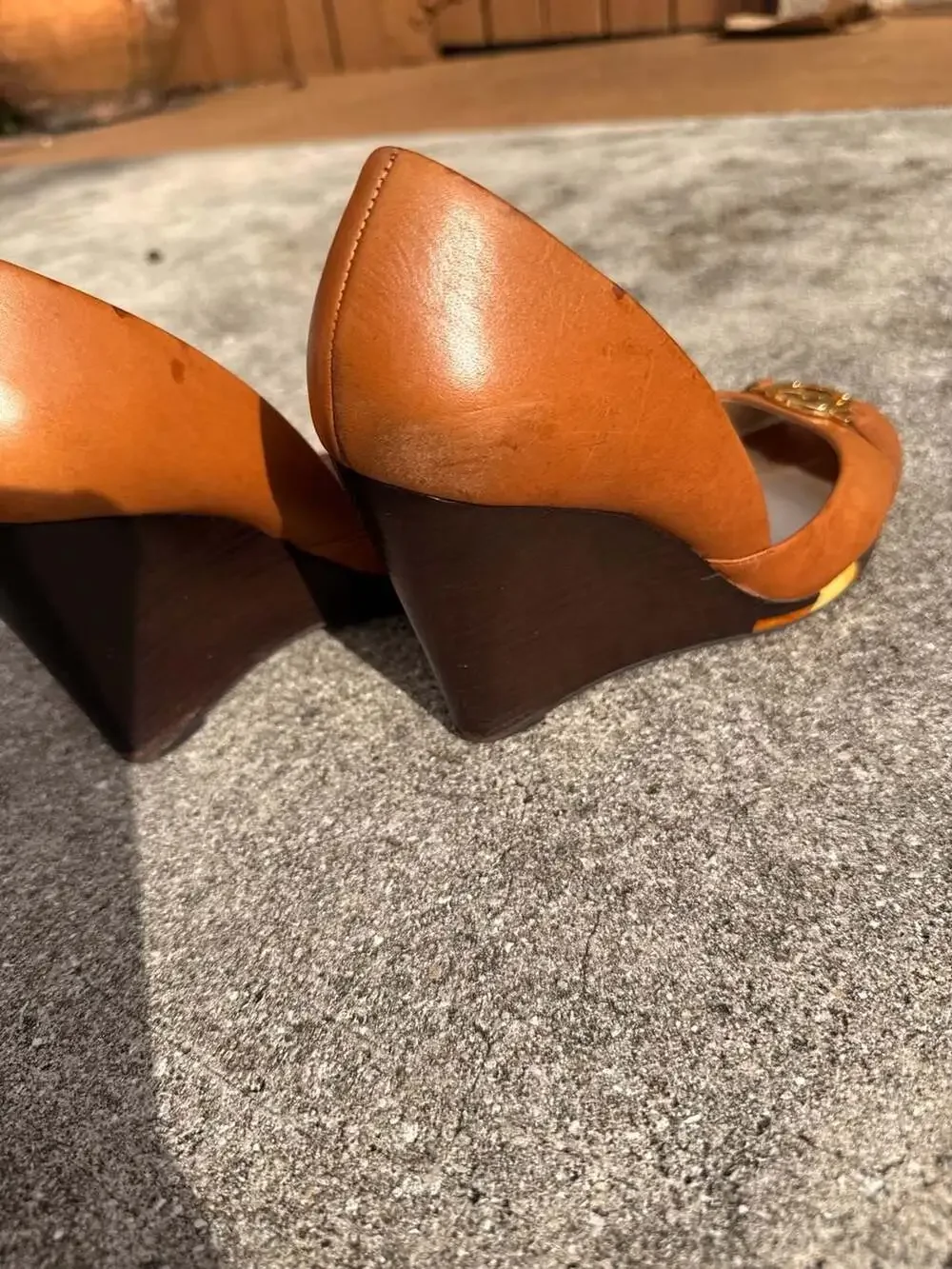 Michael Kors Tan Leather Peep Toe Wedge Heels with Gold MK Logo Accent